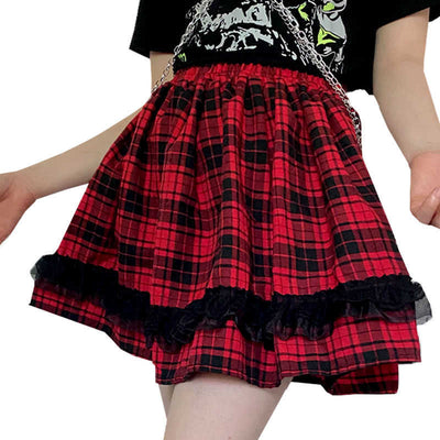 Pink Black Plaid Lace Denim Skirts Womens Girls Y2K Summer Vintage Crop Streetwear Cute Mini Pleated Skirt Gothic Hippie Kawaii