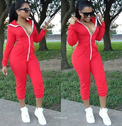 AHVIT Hooded Casual Bodysuit Front Zipper Long Sleeve Skinny Jumpsuits Bright Red Color Pockets Sportswear Romper LM9041