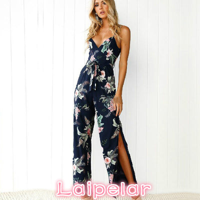 Strapless Floral Print Long Rompers Summer Womens Jumpsuit Beach Party Playsuit Backless High Waist Loose Overalls Laipelar