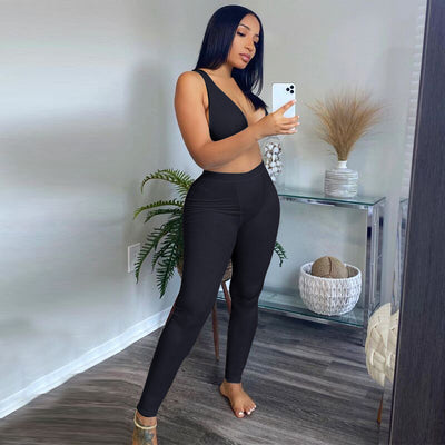 Sexy 2 Piece Set V Neck Cropped Top and Pants Leggings Ribbed Knit Casual Suit Women Workout Femme Tracksuits