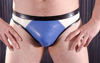 latex bodysuit Thong style RUBBER BRIEFS for men, contrast colour side panel, 0.5 thickness latex