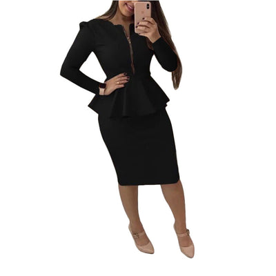 2 Two Piece Set 2021 Woman Skirt and Top Set Zipper V Neck Long Sleeve Top Women Suits Office Set Business Casual Ladies Outfits