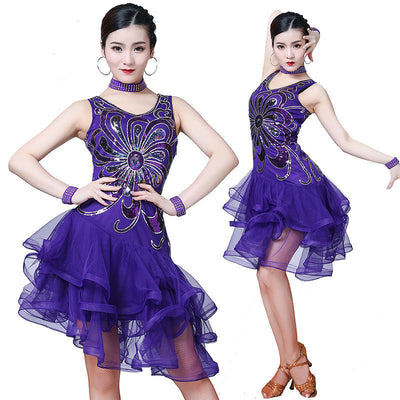 2021 New Sequins Latin Dance Costumes Dress 4 Pce Set Bead Embroidery Dresses Cha Cha Ballroom Party Competition Costume