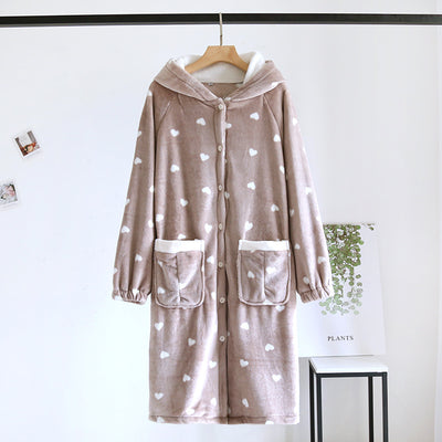 Autumn Winter Female Robe Thicken Flannel Hooded Bathrobe Sleepwear with Pocket Cute Print Sweet Heart Home Dress Lounge Wear