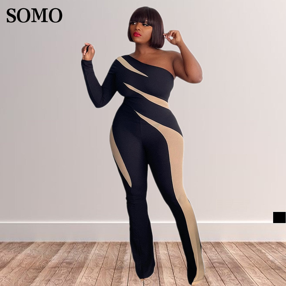 SOMO Plus Size Jumpsuit Women Autumn Irregular Sexy One Pieces Hipster Stitching Off Shoulder Romper Wholesale Dropshipping