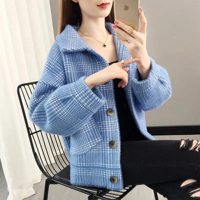 2021 Women Autumn Imitation Mink Coat 2021 New Korean Loose Short Cashmere Coat Lady Knitted Cardigan Sweater Female Tops Y789