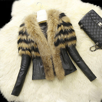 2022 Plus Size Women&#39;s New Imitation Raccoon Fur PU Leather Vintage Classic Female Lady Winter Popular Clothes Warm Coat Jacket