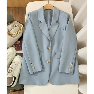 Spring Autumn Fashion Long Sleeve Blazer Women Temperament Solid Lapel Blue Single-Breasted Jacket Office Lady Coat