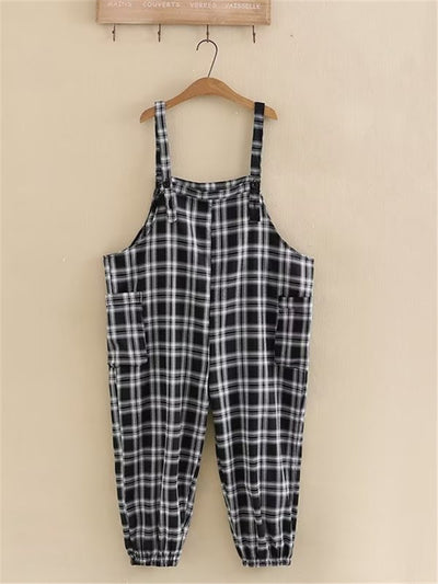 Plus Size Women&#39;s Clothing Suspender Pants With Pockets On Both Sides Checkered Cotton Fabric Large Size Spring And Autumn Pants