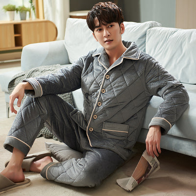 Pajamas men's autumn and winter cardigan, long sleeved trousers, plush warmth, cotton clip home clothes two-piece suit