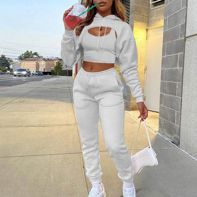 Women Sexy 3Pcs Set Tracksuit Lady Autumn Fleece Long Sleeve Pullover Crop Top Hooded+Tanks+Jogger Pants Solid Outfit Sport Suit