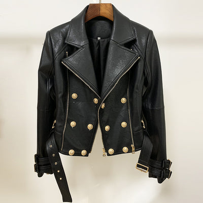 HIGH QUALITY 2022 Newest Designer Jacket Women's Lion Buttons Faux Leather Jacket Motorcycle Biker Jacket