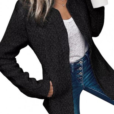 Autumn Winter Women Stand Collar Long Sleeve Thick Slim Mid-length Coat Jacket Cardigan