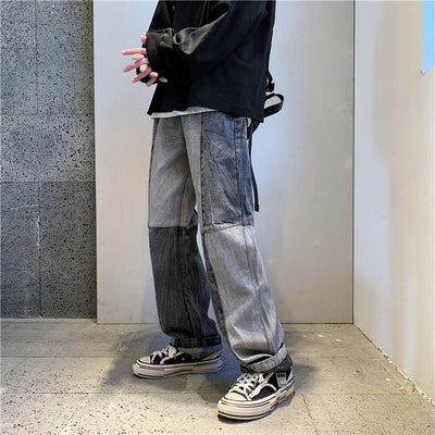 Korean Style Fashion Men's Denim Wide-leg Pants 2021 New Autumn Loose Straight-leg Jeans Paneled Denim Trousers Male