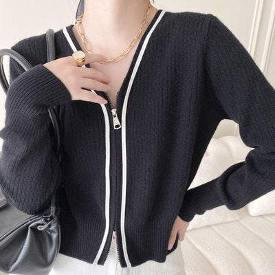 Stylish V-neck Zipper Up Women Sweater 2021 Autumn Knitwear Tops Casual Hit Color Full Sleeve Female Cardigans