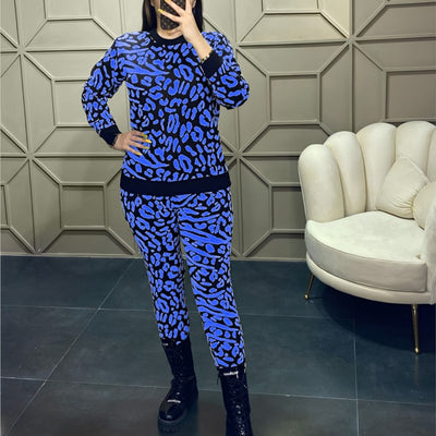 Two Piece Set Fall New Leopard Print Long Sleeve Top Elastic Waist Pants Stretch Matching Tracksuit Outfits Casual Women&#39;s Set
