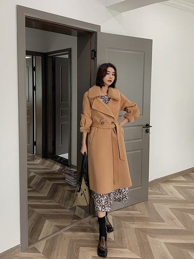 High-Quality Real Double Faced Wool Coat for Women Winter Genuine  Cuffs Big Pockets Long Outwear Wholesale