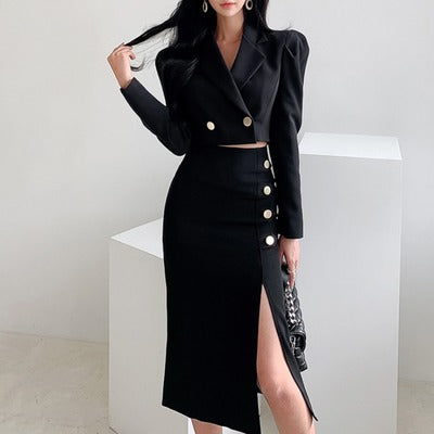 Fashion 2 Pieces Outfits Black Set Office Women Formal Kit Temperament Lady Sexy Short Crop Tops Coat Slit Midi Skirt Slim Suits