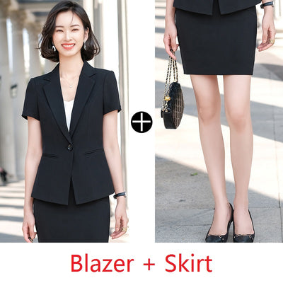 Summer Ladies Black Blazer Women Bsiness Suits with Skirt and Jacket Sets Work Office Uniform Style Short Sleeve