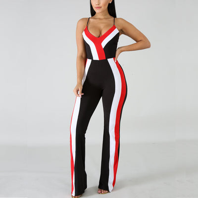 AHVIT Contrast Color Striped Spaghetti Strap Sexy Women Jumpsuits Sleeveless V Neck Loose Wide Leg Party Fashion Romper MC3026