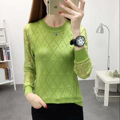 Office Lady Hollow Out Argyle Women's Clothing O-Neck Skin Friendly Thin Slim Pullovers Slight Strech Spring Summer Creative