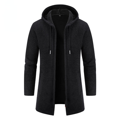 New Men's Long Sleeve Coat Solid Color Thick with Hooded Long Zipper Sweater Windproof Warm Breathable Plus Jackets Cardigan