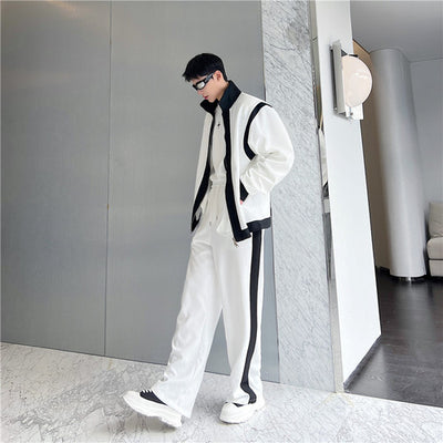 Black White Splice Sets for Men Loose Casual Fashion Vintage Jacket Pant Suits Male Women Streetwear Trend Sport Coat Trousers