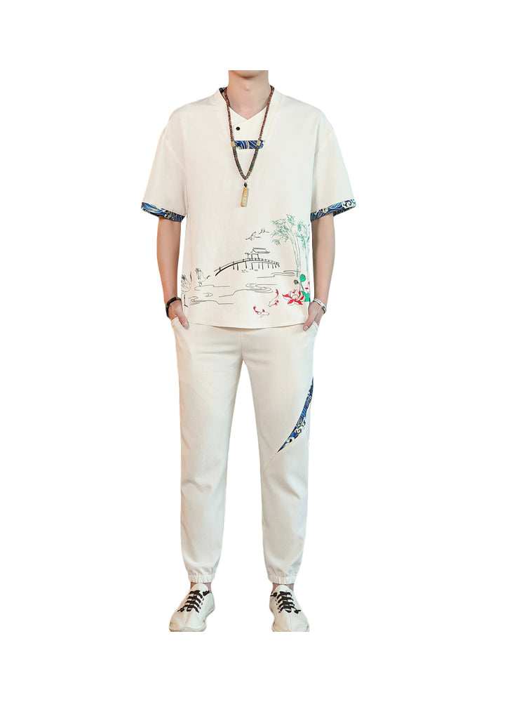 (shirt + pants) 2023 summer fashion trend mens shirt men cotton linen suit short sleeve Men Shirt full size M-4XL