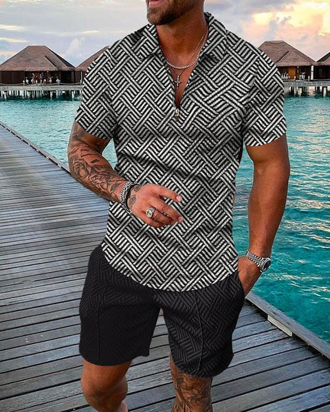 Summer Men's New Casual Zipper Polo Suit Fashion Trend Animal Motifs 3D Printing High Quantity T-Shirt Shorts Two Piece Set