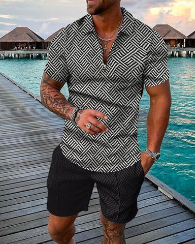 Summer Men&#39;s New Casual Zipper Polo Suit Fashion Trend Animal Motifs 3D Printing High Quantity T-Shirt Shorts Two Piece Set