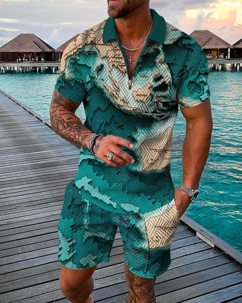 Summer Men&#39;s New Casual Zipper Polo Suit Fashion Trend Animal Motifs 3D Printing High Quantity T-Shirt Shorts Two Piece Set