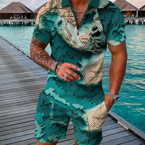 Summer Men&#39;s New Casual Zipper Polo Suit Fashion Trend Animal Motifs 3D Printing High Quantity T-Shirt Shorts Two Piece Set