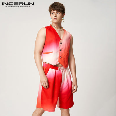 INCERUN 2023 American Style Fashion New Men Tie Dyed Sets Short Fitting Waistcoat Capris Casual Well Fitting Male Two-piece Sets