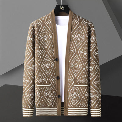 Vintage Print Social Christmas Long Sleeve Fall European Style Cardigan Men Knitting Sweater