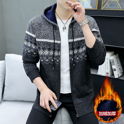 Autumn Winter Men&#39;s Korean Fashion Print Thick Fleece Hooded Knitted Sweater Cardigan Casual Pocket Slim Jacket Coat Ropa Hombre