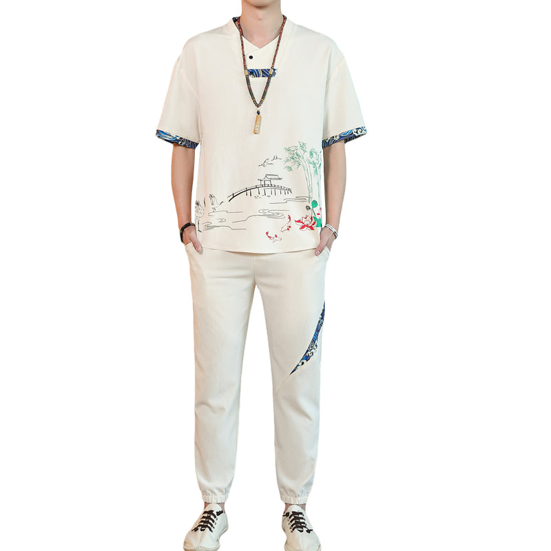 (shirt + pants) 2023 summer fashion trend mens shirt men cotton linen suit short sleeve Men Shirt full size M-4XL
