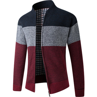 Men&#39;s Autumn And Winter Knitted Jacket Velvet Thickened Large Yards Sweater Jacket Baseball Collar Spelling Color Cardigan