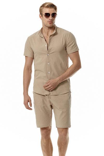 2 Pieces Shorts Sets Men Henry Collar Short Sleeve Shirt &amp; Shorts