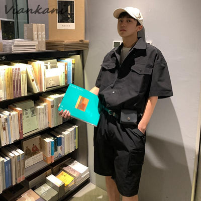 Men Cargo Overalls with Leather Belt Bag Korean Streetwear Casual Solid Rompers Pockets Fashion Short Sleeve Button Jumpsuits