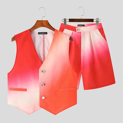 INCERUN 2023 American Style Fashion New Men Tie Dyed Sets Short Fitting Waistcoat Capris Casual Well Fitting Male Two-piece Sets