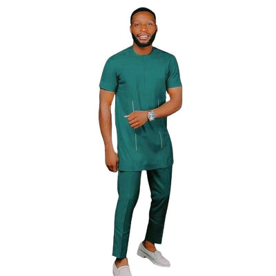 African Fashion Men's Sets White Stripe Design Dark Green Short-Sleeved Groom Suits Patchwork Tops+Solid Pants 2 Pieces