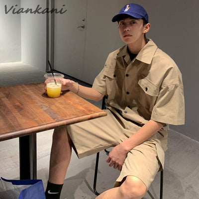 Men Cargo Overalls with Leather Belt Bag Korean Streetwear Casual Solid Rompers Pockets Fashion Short Sleeve Button Jumpsuits