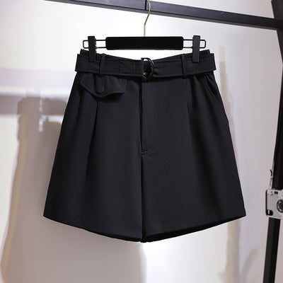 New 2021 Ladies Spring Summer Plus Size Women Clothing Shorts For Women Large Casual Belt Black Pocket Wide Leg Shorts -