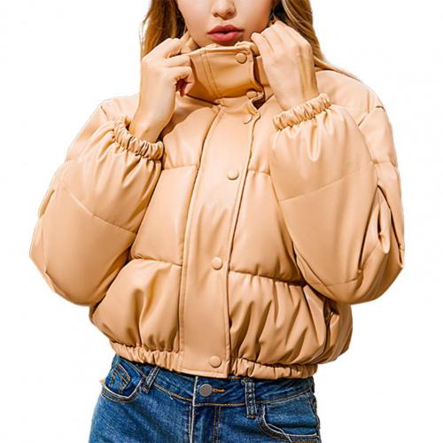 Autumn Winter Short Jacket Women Faux Leather Coat Solid Color Stand Collar Warm Short Coat for Daily Wear Women Leather Coat