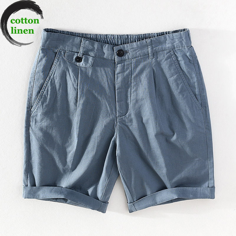 Summer Men&#39;s Casual Cotton Linen Shorts Youth Thin Tethered Elastic Waist Straight Five-point Pants H002