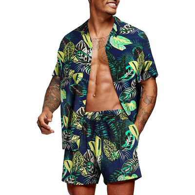 New Trend Men Hawaiian Sets Summer Feather Printing Short Sleeve Button Shirt Beach Shorts Two Set Casual Trip Mens 2 Piece Suit