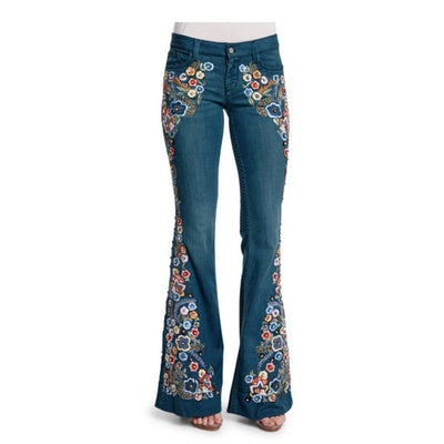 2021 Vintage Retro Floral Flared Denim Trousers for women Jeans Embroidered Slim Flare Pants Jeans Pantalon Femme