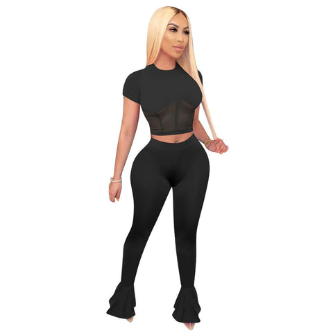 Sexy O Neck Mesh Tracksuit Two Piece Set Summer Short Sleeves Crop Tops And Long Tight Flares Pants 2 Piece Outfits For Women