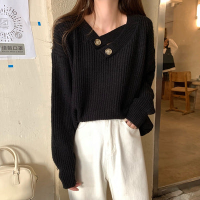 Korean Fashion Sweaters Women Spring Buttons V Neck Soft Warm Loose Pullover Solid Long Sleeve Knitted Shirt Female Tops 2022New