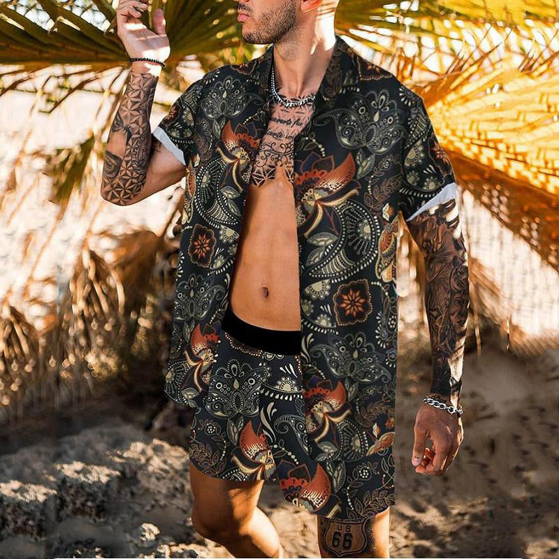 New Trend Men Hawaiian Sets Summer Feather Printing Short Sleeve Button Shirt Beach Shorts Two Set Casual Trip Mens 2 Piece Suit